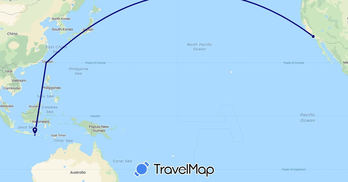 TravelMap itinerary: driving in Indonesia, Taiwan, United States (Asia, North America)